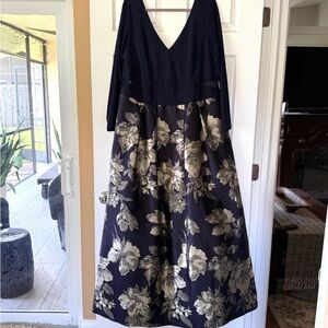 Midnight Navy V-Neck Long Sleeve Dress with Gold Floral Skirt